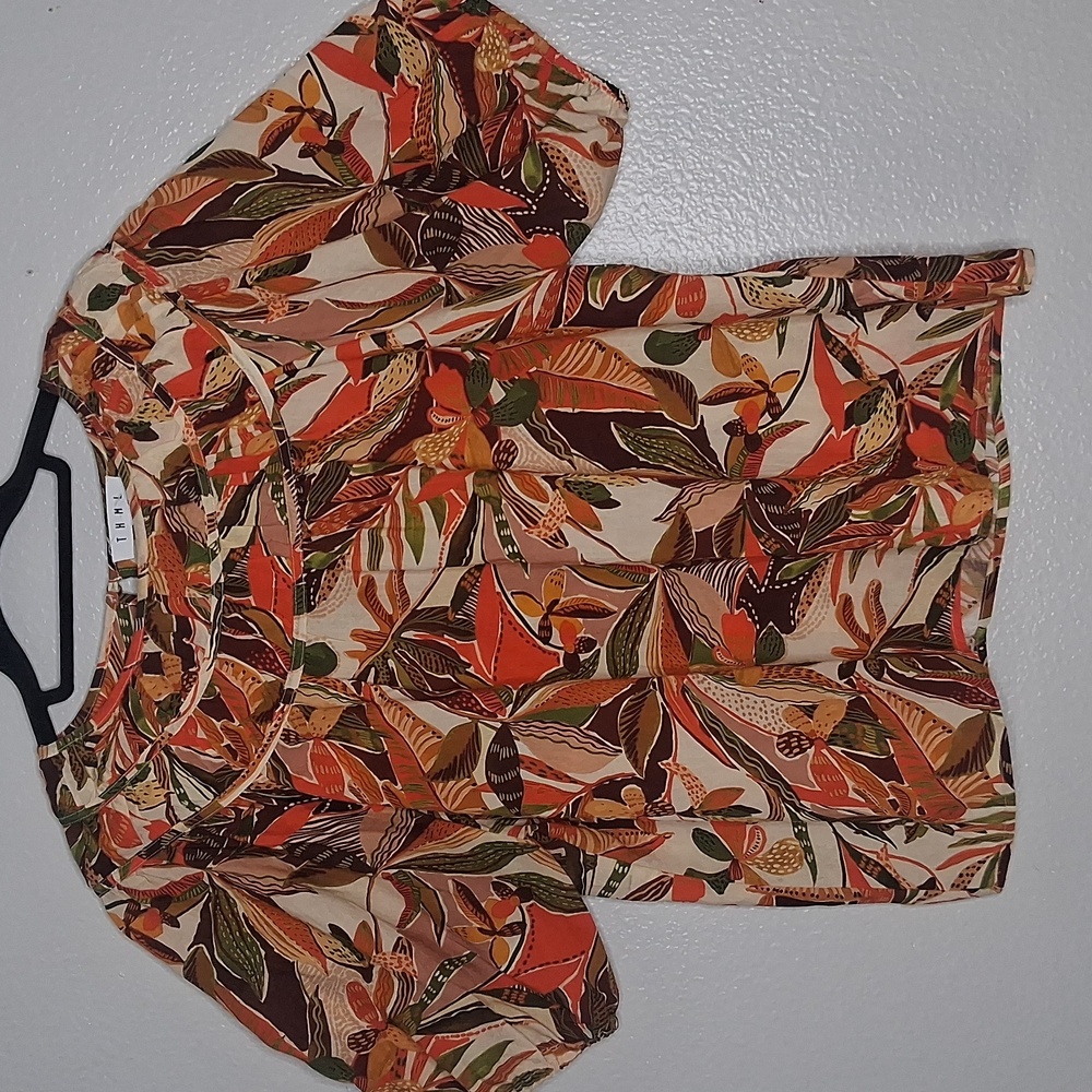THML Multicolor Blouse Ruffle Flutter Sleeve Tropical Leaf Print Vacay Resort M
